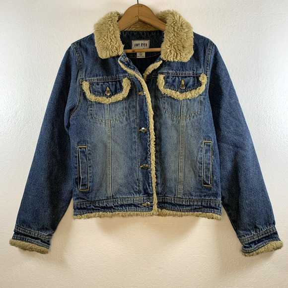 Vintage 90s Amy Byer Sherpa Trucker Jacket Sz L Juniors Y2K Grunge Indie Cowgirl - Picture 1 of 14